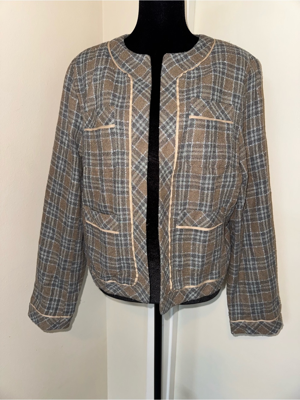 Vintage Harry Wallace Plaid Tweed Open-Front Blazer Jacket - Brown & Gray